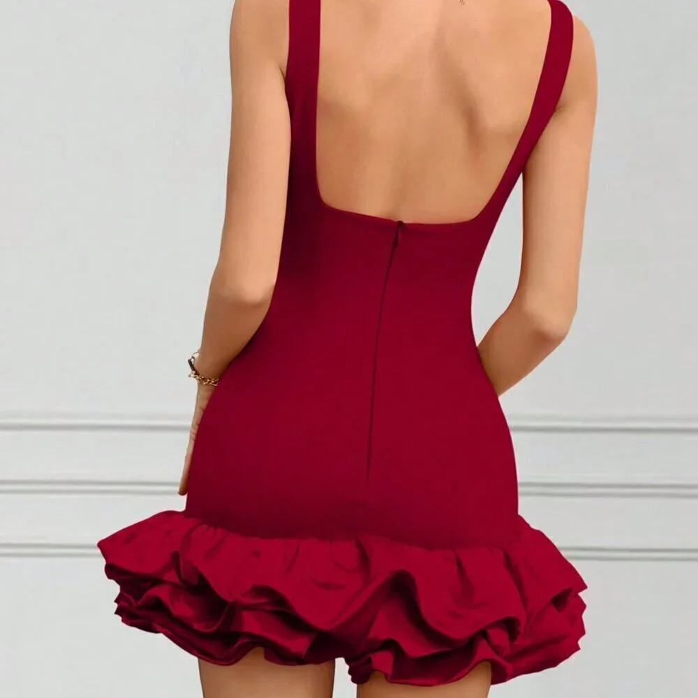 Burgundy Casual Women's Crew Neck Sleeveless Ruffled Hem Elegant Mini Dress